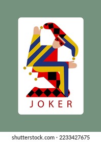 Joker playing card and logo design in funny modern flat style. Vector illustration