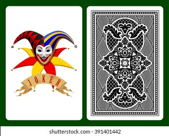 Joker playing card on black and backside background. Original design. Vector illustration