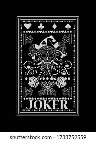 Joker playing card . Ornament skull black and white. 