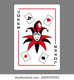 The joker playing card, symbolized by a jester's head surrounded by the 4 ace cards: hearts, clubs, diamonds and spades. standard poker size.