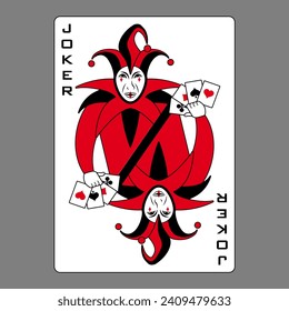 Joker spielende Karte, symbolisiert durch einen Doppel-Jester, der 4 Ass-Karten in seiner Hand hält: Herzen, Clubs, Diamanten und Pik - Standardpokergröße.