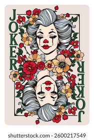 Joker playing card vector. Female sad clown.