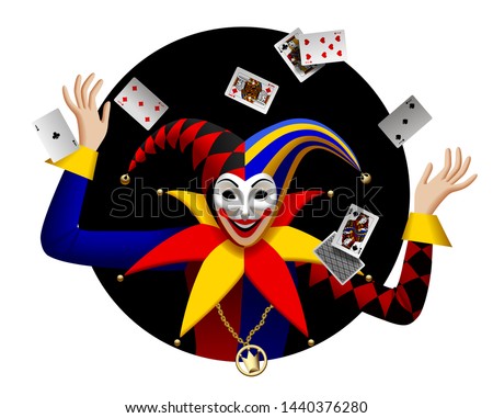 Joker with playing cards in black round frame. Three Dimensional stylized drawing. Vector illustration 商業照片 © 