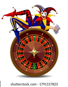 Joker with playing cards lying on a casino roulette wheel isolated on white. Vector illustration