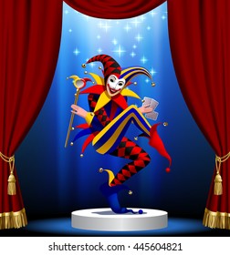 Joker with playing cards and mirror in blue light on the round podium framed by red curtain. Vector illustration