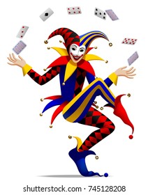 Joker with playing cards on white. Three dimensional stylized drawing. Vector illustration