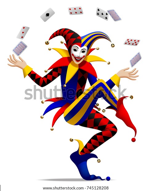 Joker with playing cards on white.\
Three dimensional stylized drawing. Vector\
illustration
