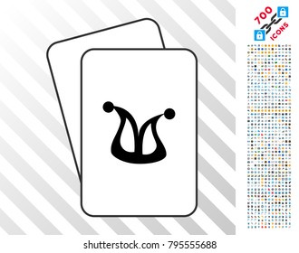 Joker playing cards pictograph with 7 hundred bonus bitcoin mining and blockchain icons. Flat vector symbols for gambling and crypto- currency websites.