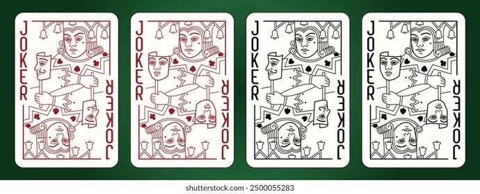 Joker playing cards set. Editable stroke. Spades, Hearts, Diamonds and Clubs suits. Vector line illustration.