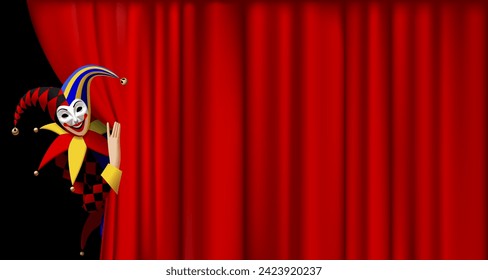 Joker of playing cards in a smiling mask and colorful costume looking out from behind the red curtain on black background. Vector illustration