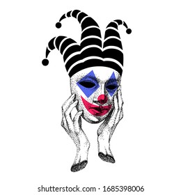 Joker. Sad clown. Sad smile. Vector drawing of the face of a circus performer. mask of lycidea, lycimer, trickster, rogue. creepy performance in the theater.