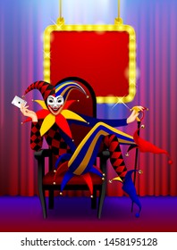 Joker seated in the red chair against a red curtain and illuminated signboard. Three Dimensional stylized drawing. Vector illustration