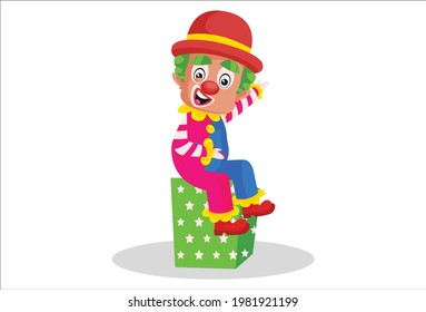 Joker is sitting on the box. Vector graphic illustration. Individually on white background.