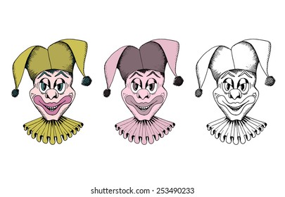 Joker sketch vector, isolated variations of coloring. 