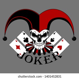 Joker skull with cards. Vector image on gray background.