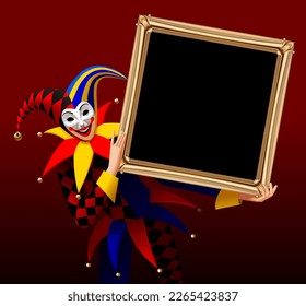 Joker in a smiling mask and colorful costume holds a black square signboard with a golden classic frame on a dark red background. Three Dimensional stylized drawing. Vector illustration
