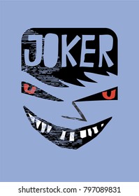 Joker. Stylized Vector Vintage style playing card .evil joker with Dangerous eyes and scary teeth  