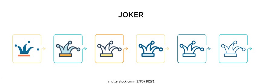 Joker vector icon in 6 different modern styles. Black, two colored joker icons designed in filled, outline, line and stroke style. Vector illustration can be used for web, mobile, ui