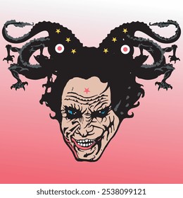 Cara asesina de Joker en el fondo rojo de la vendimia del color y de la gradación roja