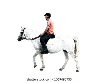 Jokey on horse. Isolated on white background. Vector illustration. Halftone style. 