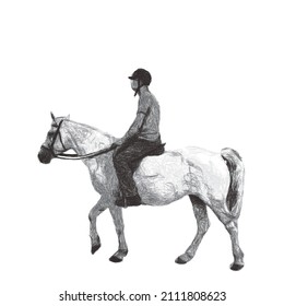 Jokey on horse. Isolated on white background. Vector illustration. Doodle sketch.