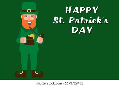 Jokey redhead  Irish man full length in cylinder hat with mug of green beer and pipe wishes Happy St. Patrick's Day. Idea for party poster, banner, flyer or greeting card St. Patrick's. EPS 10
