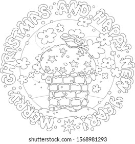Joking greeting card with a big gift bag of Santa Claus in a smoking chimney on a snow-covered rooftop on the night before Christmas, black and white vector illustration