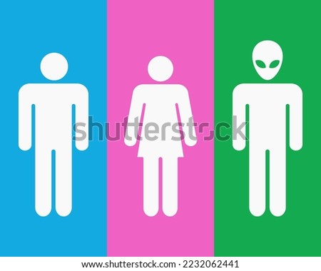 Joky toilet signs. Woman, Man and Alien Minimalistic icon set vector illustration
