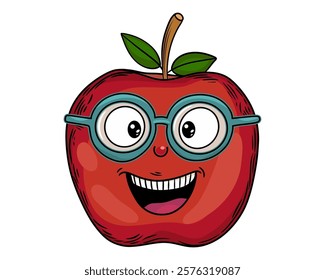 Jolly Apple with Glasses in a Cheerful Cartoon Style for a Fun and Whimsical Educational Theme Vector illustration
