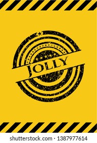 Jolly black grunge emblem, yellow warning sign. Vector Illustration. Detailed.