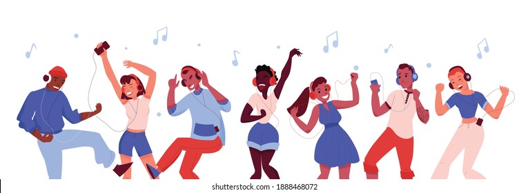 Jolly boys and girls with smartphones wearing headphones dancing together flat vector illustration