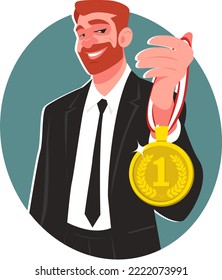 The jolly businessman is holding the number one medal in his hand. Concept of business success, leadership and high performance in flat style. Stock vector illustration