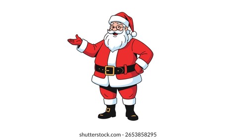 A jolly cartoon santa claus greeting everyone with his right hand outstretched in a welcoming gesture during the holiday season