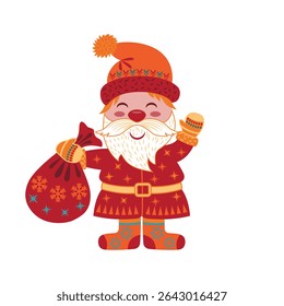 Jolly cartoon Santa Claus in a red star-patterned coat, orange hat, and snowflake boots. Perfect for Christmas textiles, children's apparel, and festive prints. 