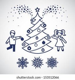 Jolly children with a christmas tree and snowflakes. Christmas vector elements, winter holidays icons collection. Ornament for invitations, greeting cards, brochures, magazines, leaflets.
