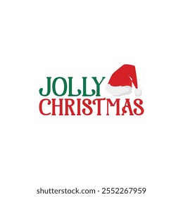 Jolly Christmas For Christmas Festive With Red And White Striped Border, Christmas Trees, Holly berries Leaves, Ribbon and Snow