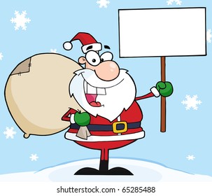 Jolly Christmas Santa Holding A Blank Sign In The Snow