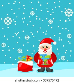 Jolly Christmas Santa Holding Up A Stack Of Presents In The Snow