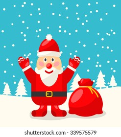 Jolly Christmas Santa Holding Up A Stack Of Presents In The Snow