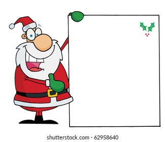 Jolly Christmas Santa Presenting A Blank Sign With A Holly Corner