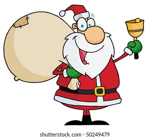 Jolly Christmas Santa Waving A Bell And Carrying His Toy Sack