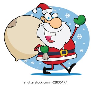 Jolly Christmas Santa Waving And Carrying His Toy Sack In The Snow
