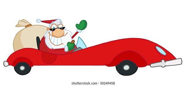 Jolly Christmas Santa Waving And Driving His Red Sports Car