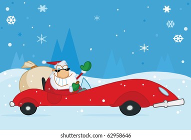 Jolly Christmas Santa Waving And Driving His Convertible Red Sports Car In The Snow