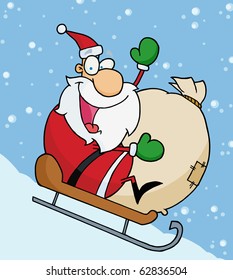 Jolly Christmas Santa Waving And Sledding With His Toy Sack In The Snow