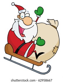 Jolly Christmas Santa Waving And Sledding With His Toy Sack