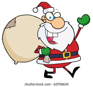 Jolly Christmas Santa Waving And Walking With His Toy Sack