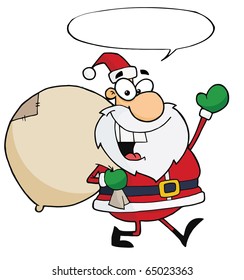 Jolly Christmas Santa Waving And Walking With His Toy Sack With Speech Bubble