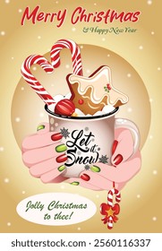 Jolly Christmas Wishes Card Design with Hands Holding Hot Cocoa Mug Illustration