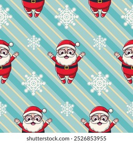 Jolly Christmas wrapping paper, repeat pattern. A merry Santa Claus jumping with joy!